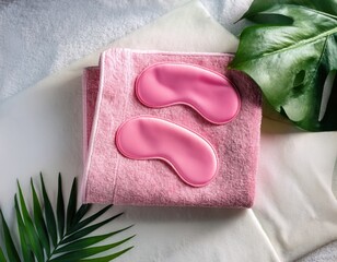  Pink Under Eye Masks on Soft Towel with Tropical Leaves jpg
