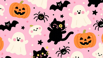 Fototapeta premium A playful and whimsical Halloween pattern featuring a seamless arrangement of cute, spooky elements on a soft pink background. Halloween, Halloween Costumes, Halloween Background, Happy Halloween