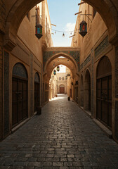 Obraz premium Alleyway in an old city with decorative arches and lanterns