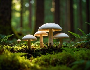 Closeup of White Mushrooms in a Dark Green Forest jpg