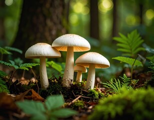Closeup of White Mushrooms in a Dark Green Forest jpg