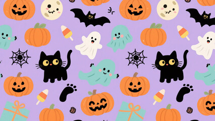 A playful and whimsical Halloween-themed illustration featuring a seamless pattern of cute, spooky elements on a soft lavender background. Halloween, Halloween Costumes, Halloween Background