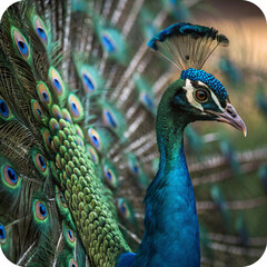 Fototapeta premium A stunning close-up portrait of a colorful blue and green peacock with vibrant, fanned feathers, showcasing its beautiful eye and intricate plumage