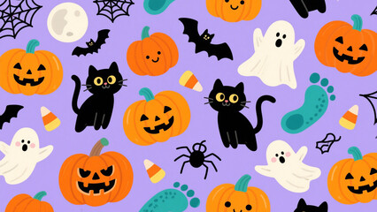 Fototapeta premium A playful and whimsical Halloween-themed illustration featuring a seamless pattern of cute, spooky elements on a soft lavender background. Halloween, Halloween Costumes, Halloween Background