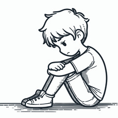 Obraz premium black and white, hand-drawn illustration of a sad, lonely boy sitting with knees to chest, suitable for websites or blogs addressing childhood sadness, loneliness, mental health, or emotional support