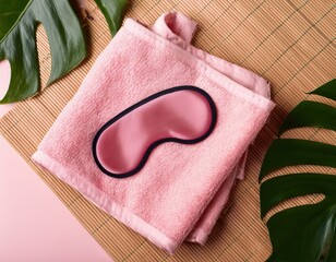  Pink Under Eye Masks on Soft Towel with Tropical Leaves jpg