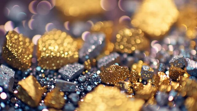 Shimmering gold and silver minerals moving in a sparkling geological landscape, precious metal mining concept, abstract footage.