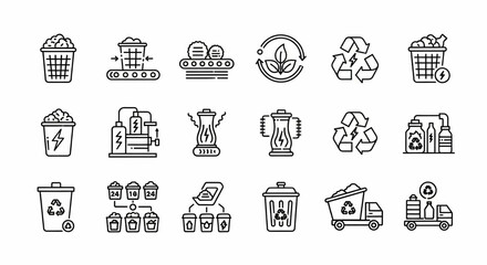 Plastic Recycling Line Icon Set &ndash; Vector Waste, Sustainability, Reuse, Sorting, Chemical, Thermal, Logistics, Thin Linear Illustration