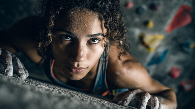 Climber focused on ascension at indoor bouldering gym in the evening