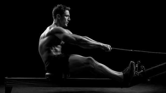 Strong man exercising on rowing machine in black and white setting