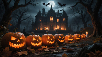 A row of intricately carved jack-o'-lanterns with mischievous grins sits in the foreground, their warm light casting eerie shadows on the ground covered in autumn leaves. Halloween