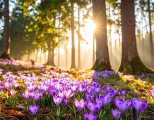 Purple Crocus Blossoms in a Sunlit Forest jpg