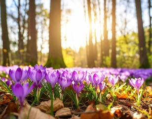 Purple Crocus Blossoms in a Sunlit Forest jpg