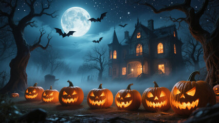 A row of intricately carved jack-o'-lanterns with mischievous grins sits in the foreground, their warm light illuminating the misty ground. Halloween, Halloween Costumes, Halloween Background