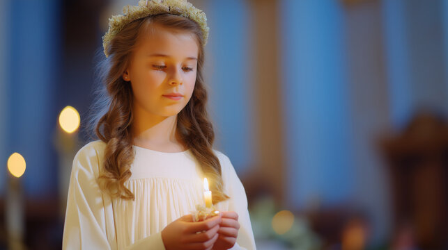Young girl holding candle during first holy communion ceremony in a softly lit church. Shallow depth of field.