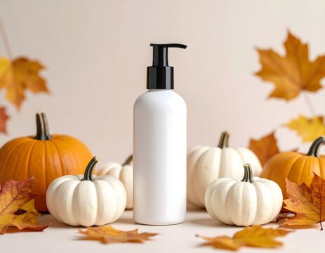 White cosmetic pump bottle standing among mini white pumpkins and autumn leaves on soft beige background, representing seasonal skincare or beauty product with minimalist fall theme
