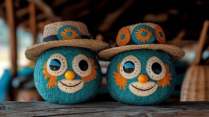 Cheerful Blue and Orange Figures in Straw Hats on Rustic Wood