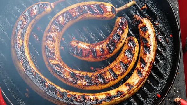 Grilled sausages in a circular pattern on a hot grill