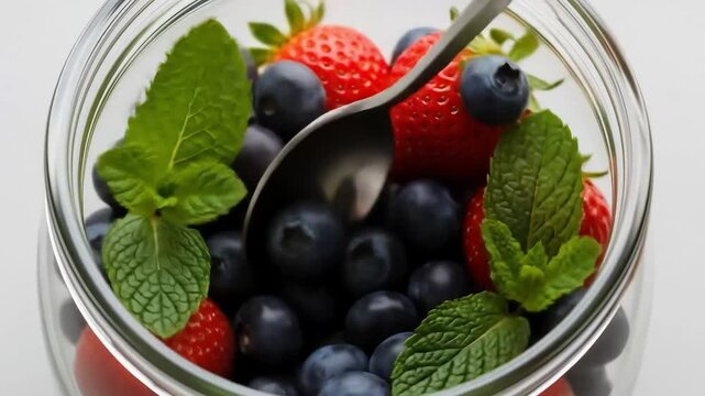Fresh Berries Mint CloseUp Jar of Delicious Summer Fruit.