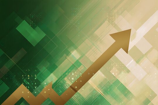 A Golden Arrow Points Upward Through a Gradient of Green and Beige Squares Symbolizing Financial Growth and Economic Advancement