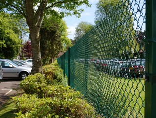 Green chain-link fence bordering a parking lot, lush greenery and trees visible beyond