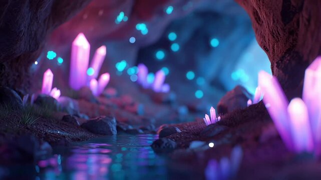 Underground cave with glowing purple crystals and a stream of water flowing between rock formations, geology