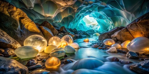 Naklejka premium Illuminated Stones in Ice Cave Stream