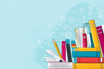 Fototapeta premium A Vibrant Illustration Showcasing the Joy of Reading and Learning With an Assortment of Colorful Books and Educational Symbols on a Light Blue Background Symbolizing Knowledge and Creativity