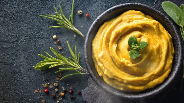 Fava or yellow split pea pure greek food on dark background with smoke