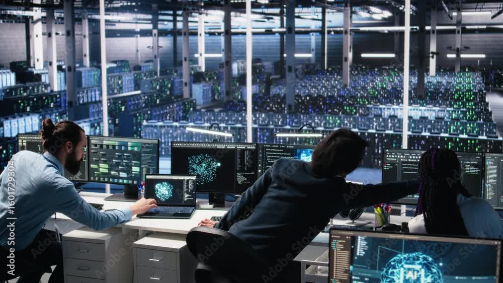 Poster server room system administrators using ai to review infrastructure diagnostics. it professionals in