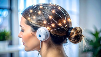 Woman Wearing Headphones with Light Pattern Connecting Points