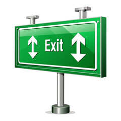 A green road sign displaying "Exit" with directional arrows, symbolizing departure, wayfinding, guidance, and escape routes.