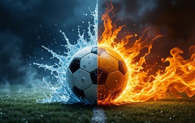 Fototapeta premium Dynamic representation of a soccer ball with contrasting fire and water elements symbolizing
