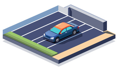 An isometric illustration of a blue car with an orange roof, parked on a street with a curb and wall.