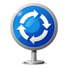 A 3D blue circular road sign with four white arrows forming a cycle, indicating a roundabout or circular motion.