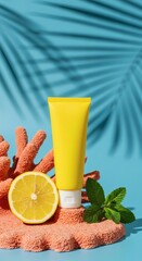 Realistic cosmetic product mockup with a yellow tube on a vibrant summer background, tropical scene with lemon slices, mint leaves, coral sponges, and palm leaf shadow, minimal clean composition for s