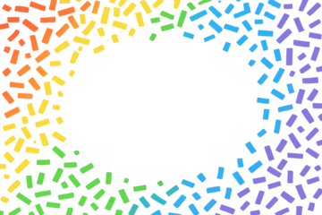 Rainbow confetti raining down, scattering vibrant paper fragments across transparent backdrop, evoking joyful celebration