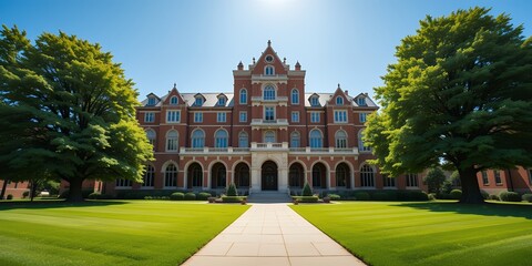 Fototapeta premium Historic brick academic building with symmetrical design and manicured lawn under clear blue sky