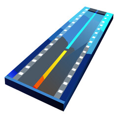A stylized, elongated 3D road or track with blue edges, a yellow dividing line, and white dashed side markers.