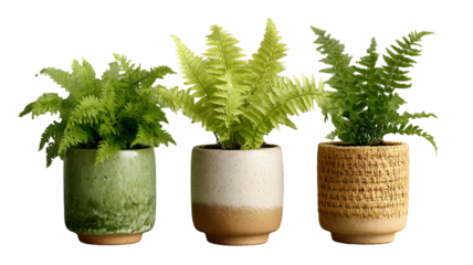 Three fern plants in decorative pots creating a serene indoor garden display