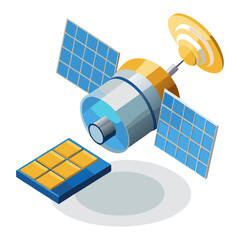 A detailed isometric illustration of a communication satellite with solar panels and a dish antenna.