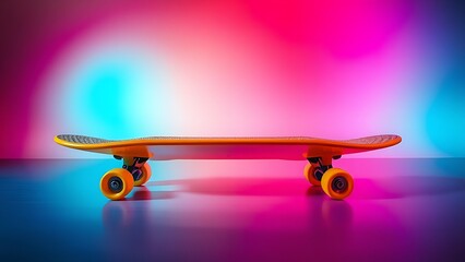 A vibrant yellow skateboard against a neon gradient background, exuding dynamic energy.