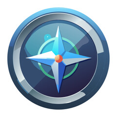 A stylized, glossy icon depicting a compass rose in shades of blue and silver.