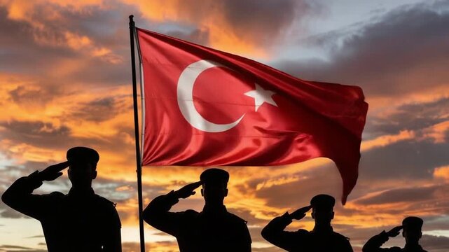 Silhouetted Soldiers Saluting Turkish Flag at Dusk