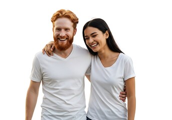 Fototapeta premium Joyful diverse couple, a redhead man and an Asian woman, hugging and smiling. Isolated portrait on a white background showing genuine connection and happiness.