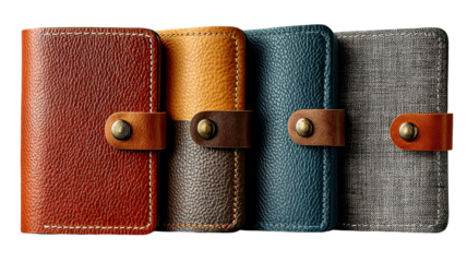 Close-up view of four different textured leather wallets on a transparent background