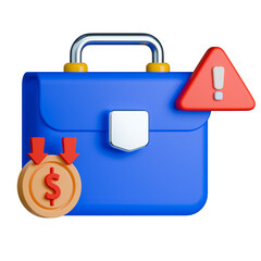 Economic crisis 3d illustration. Blue briefcase with warning symbol and dollar coin icon.