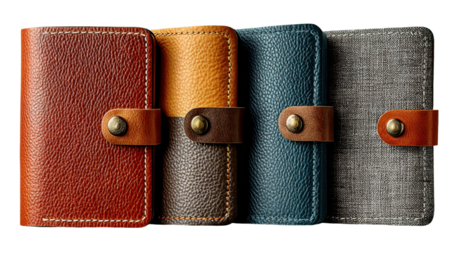 Close-up view of four different textured leather wallets on a transparent background - Powered by Adobe