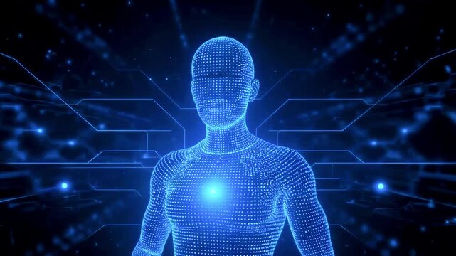 Futuristic digital human figure surrounded by glowing data streams and technology-themed background