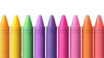 Vibrant rainbow of crayons arranged in a neat row, isolated on transparent background